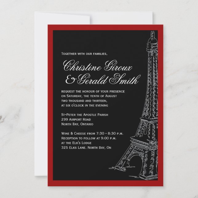 Invitations de mariage pour la tour Eiffel rouge e (Devant)