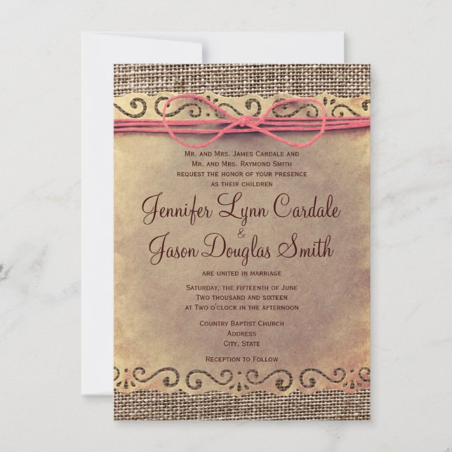 Invitations de mariage pour le Burlap en papier Vi (Devant)