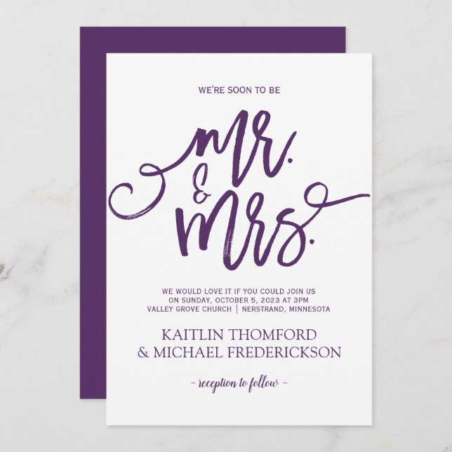 Invitations de mariage prune / violet | Script de  (Devant / Derrière)