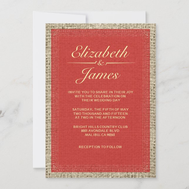 Invitations de mariage Red & Gold Vintage Burlap (Devant)