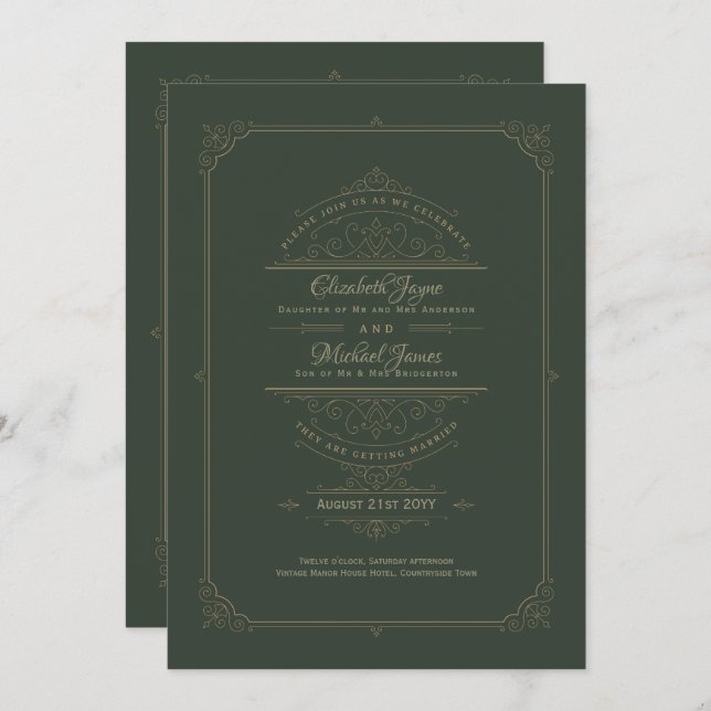 Invitations de mariage Régence Vert Vintage (Devant / Derrière)