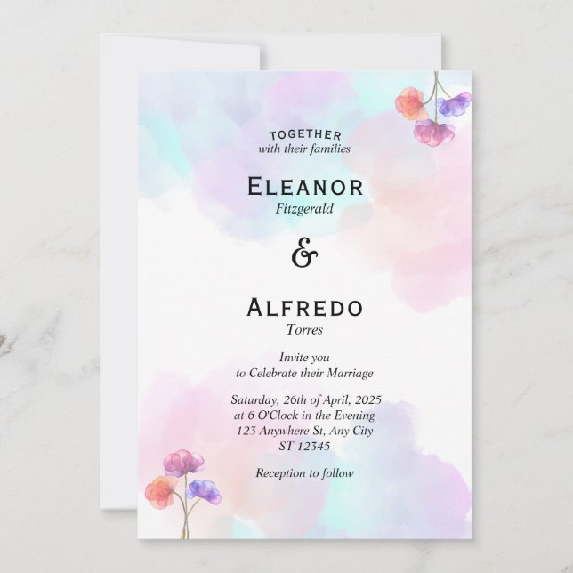 Invitations de mariage romantique rose et bleu (Devant)