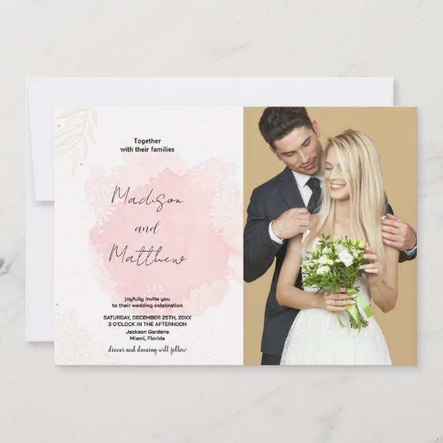 Invitations de mariage rose avec photo (Devant)