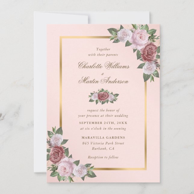 Invitations de mariage rose et or floral (Devant)