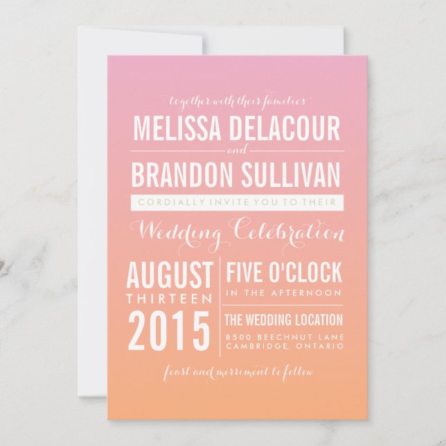 Invitations de mariage rose et orange Ombre (Devant)