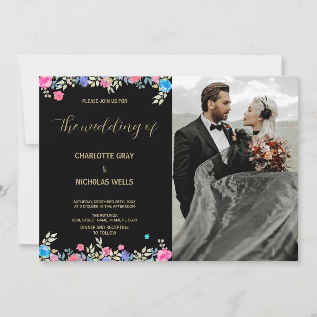 Invitations de mariage rose Fleur avec photo (Devant)