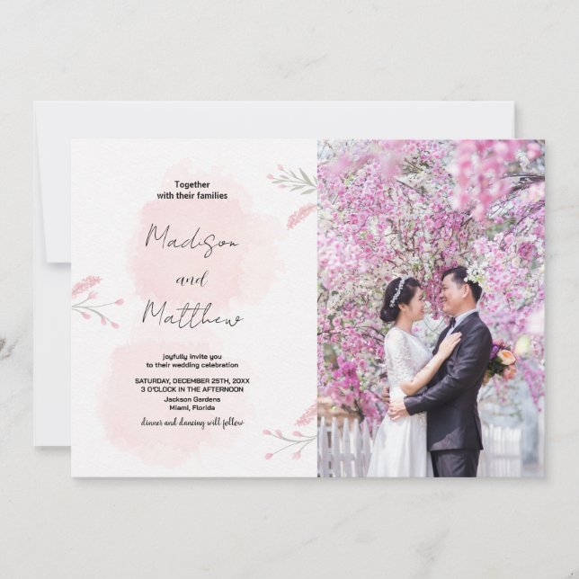Invitations de mariage rose Fleur avec photo (Devant)