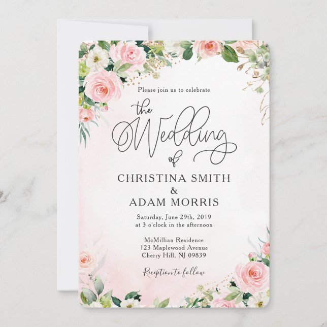 Invitations de mariage rose floral (Devant)