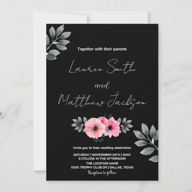 Invitations de mariage rose floral (Devant)