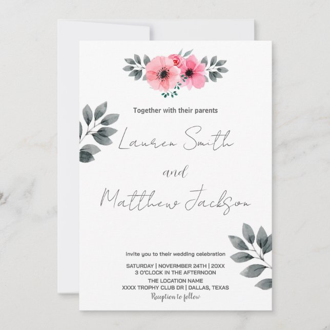 Invitations de mariage rose floral (Devant)