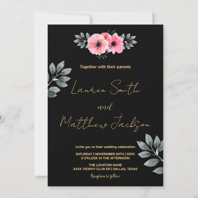 Invitations de mariage rose floral (Devant)