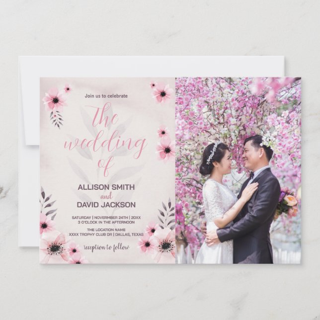 Invitations de mariage rose floral avec photo (Devant)