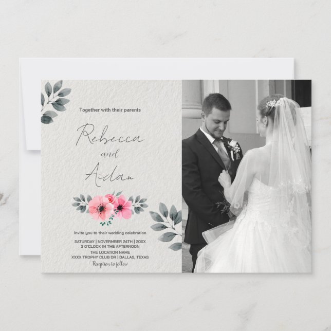 Invitations de mariage rose floral avec photo (Devant)