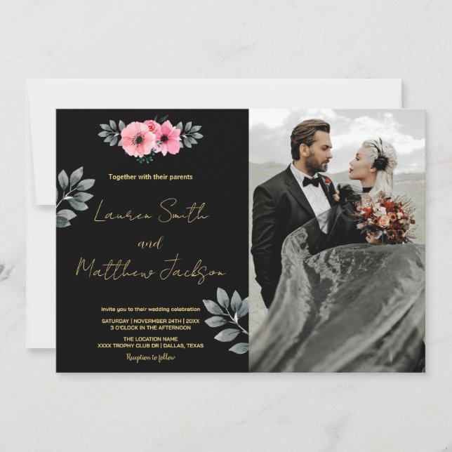 Invitations de mariage rose floral avec photo (Devant)