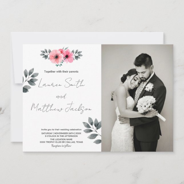 Invitations de mariage rose floral avec photo (Devant)