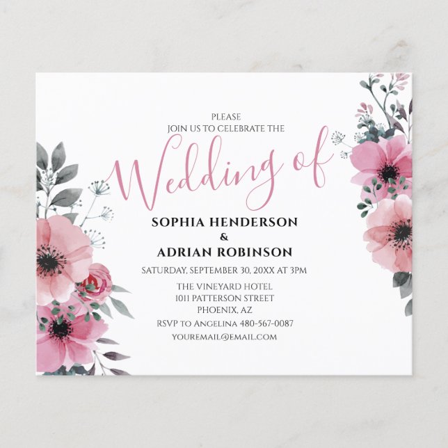 Invitations de mariage rose floral Budget (Devant)