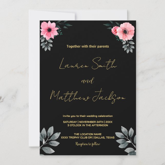 Invitations de mariage rose floral or (Devant)