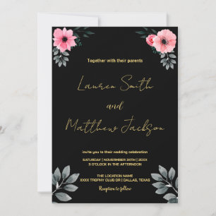 Invitations de mariage rose floral or