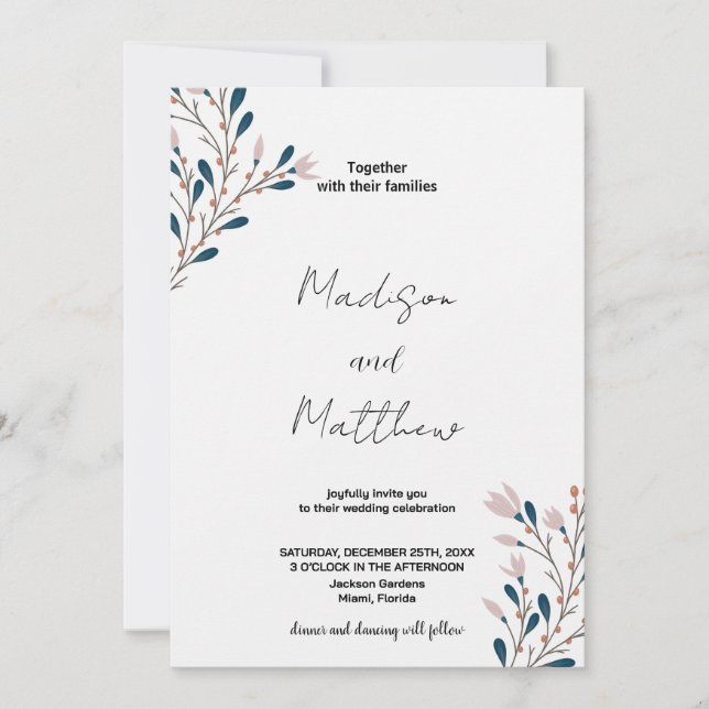 Invitations de mariage rose floral vert (Devant)