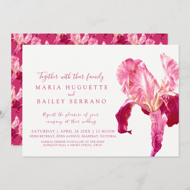 Invitations de mariage rose rouge d'Iris (Devant / Derrière)