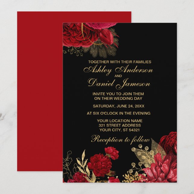 INVITATIONS DE MARIAGE ROSE ROUGE ET OR (Devant / Derrière)