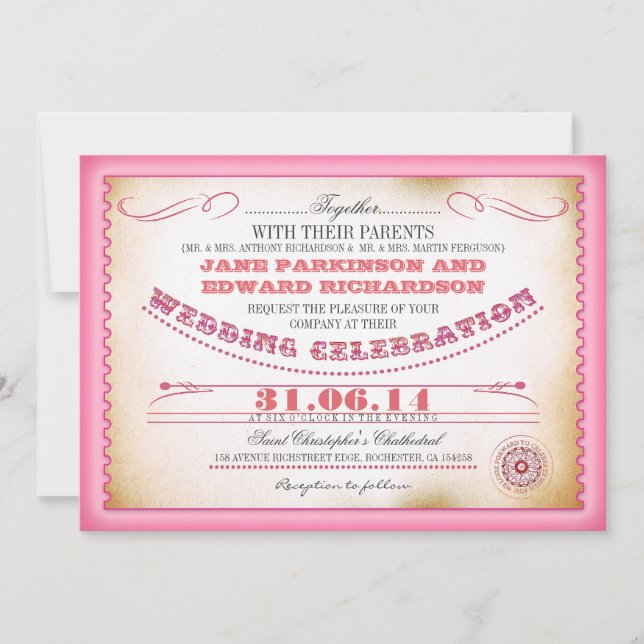 Invitations de mariage rose vintage - billets (Devant)