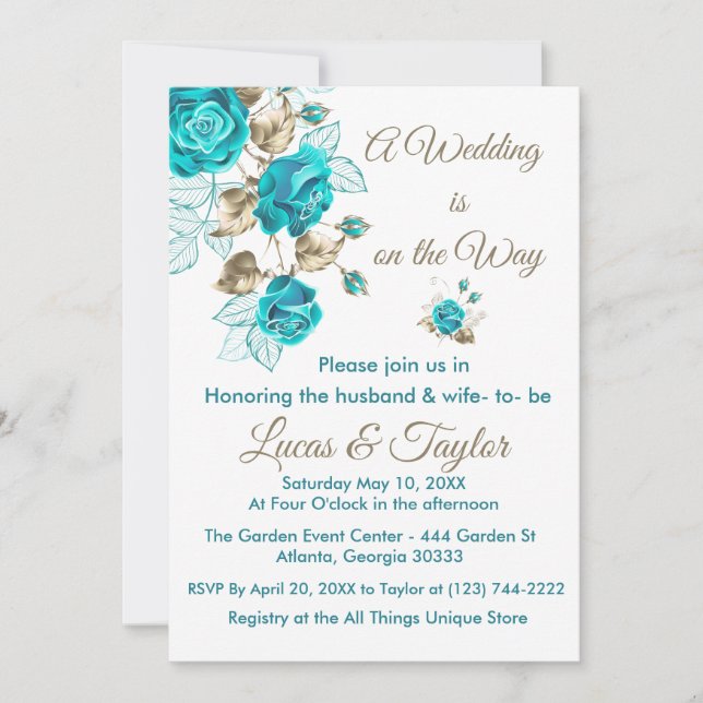 Invitations de mariage roses avec Turquoise & Gold (Devant)