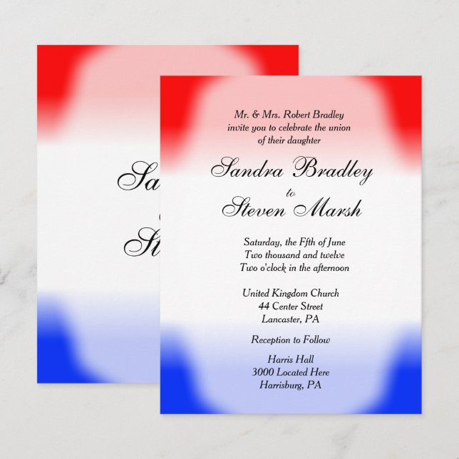 Invitations de mariage rouge blanc et bleu (Devant / Derrière)