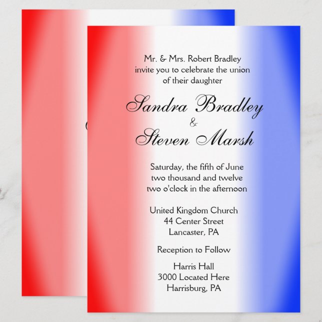Invitations de mariage rouge blanc et bleu (Devant / Derrière)