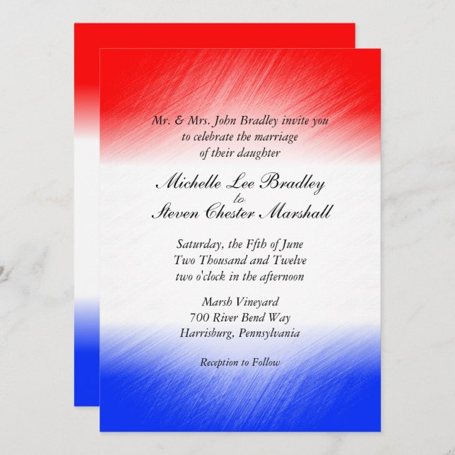 Invitations de mariage rouge blanc et bleu en band (Devant / Derrière)