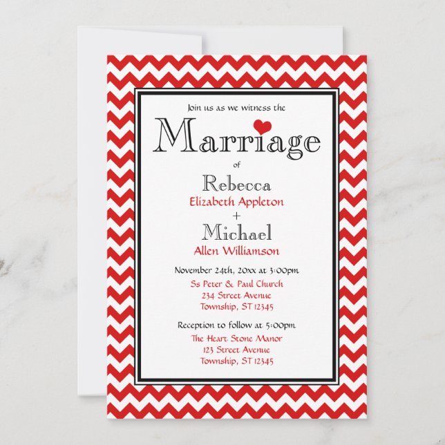 Invitations de mariage rouge et blanc Chevron (Devant)