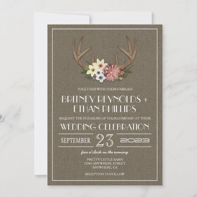 Invitations de mariage Rustic Burlap Deer Antler (Devant)
