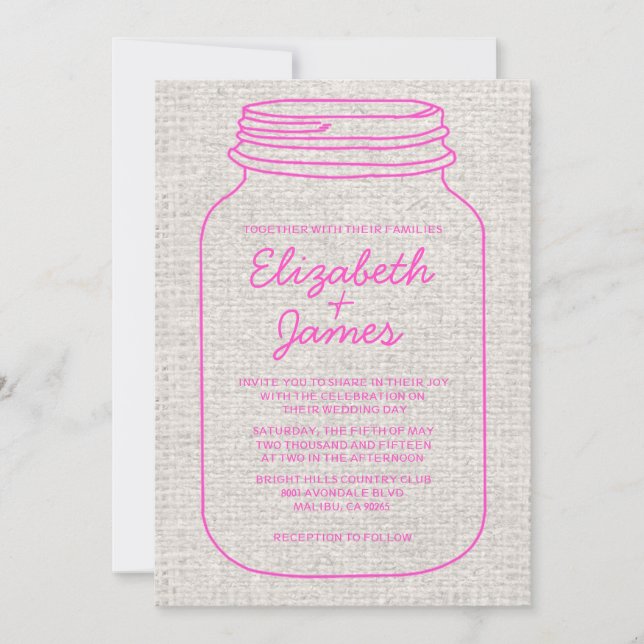 Invitations de mariage rustique de Mason Jar, rose (Devant)