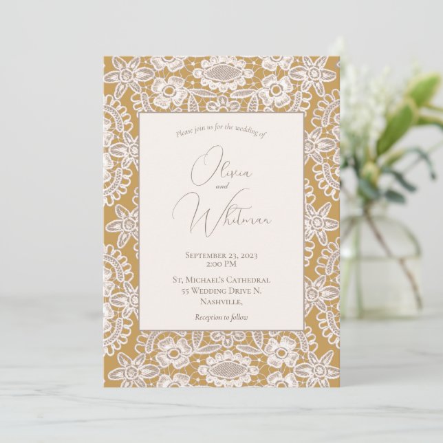 Invitations de mariage rustique en dentelle jaune (Debout devant)