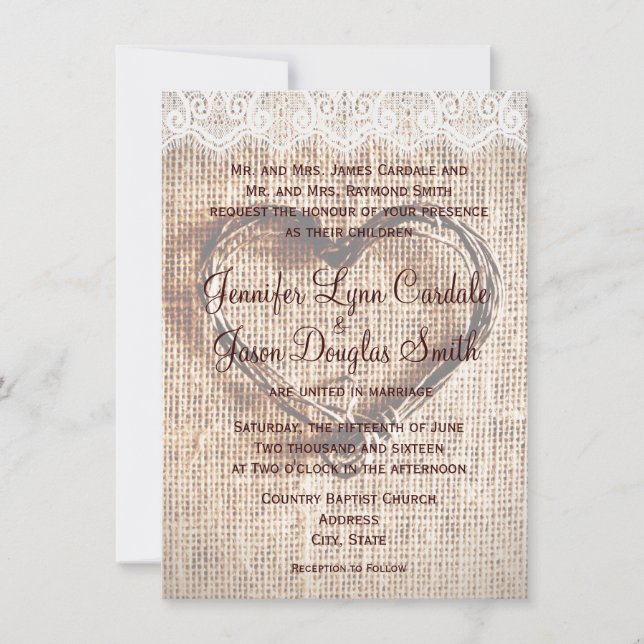 Invitations de mariage rustique en dentelle torrid (Devant)