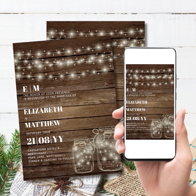 Invitations de mariage rustique Lumières Mason Jar (Printed or Digital! Print at home and save on shipping and speed!)