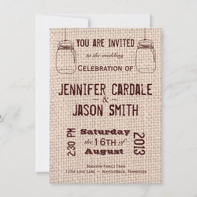 Invitations de mariage rustique Mason Jars Burlap  (Devant)