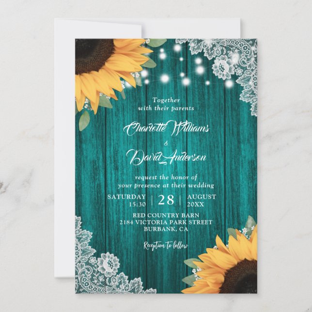 Invitations de mariage rustique Turquoise et tourn (Devant)