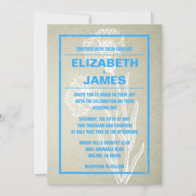 Invitations De Mariage Rustique Vintage Bleu Et Bl (Devant)