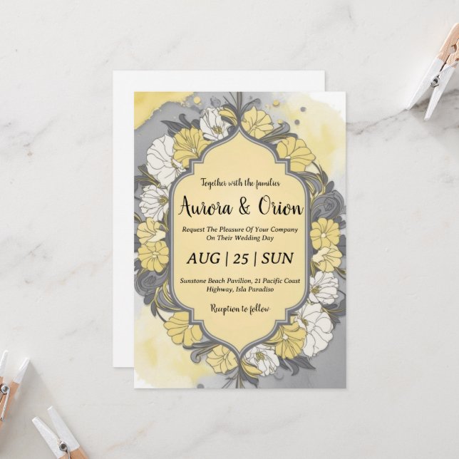 invitations de mariage simple jaune et gris (Devant/Arrière en situation)