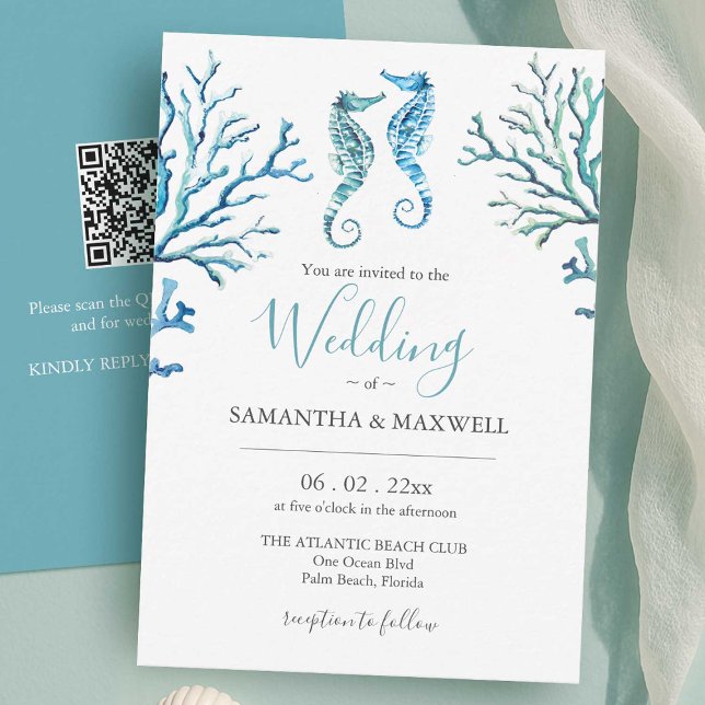 Invitations De Mariage Sur Un Budget Beach Seahors (Beach wedding invitations with qr code designed with watercolor seahorses and coral in blue)