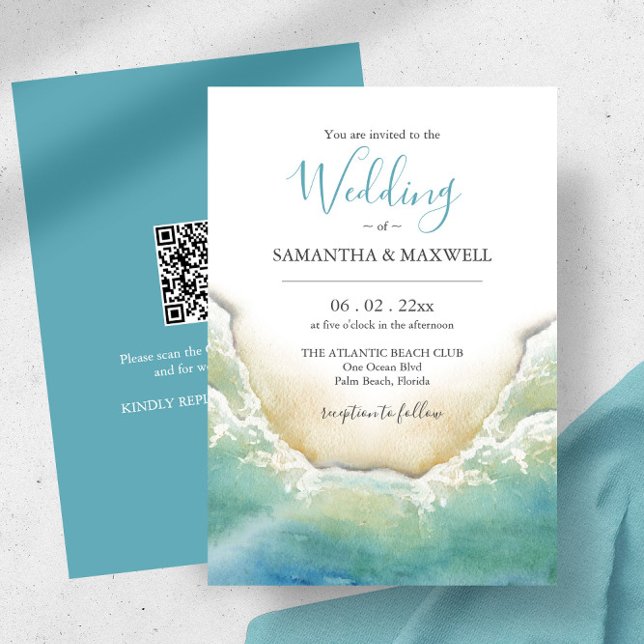 Invitations De Mariage Sur Une Destination Budget  (Beach wedding invitations with QR code features watercolor shoreline art by Victoria Grigaliunas)