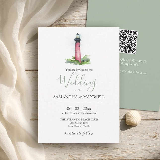 Invitations De Mariage Sur Une Destination De Plag (Beach wedding in Florida watercolor Jupiter Lighthouse art by Victoria Grigaliunas Do Tell A Belle)