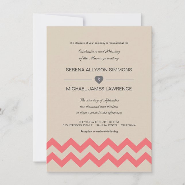Invitations de mariage Taupe et Coral Chevron (Devant)