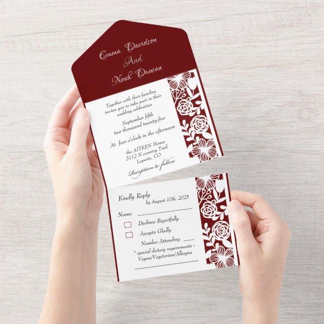 Invitations de mariage tout en un et RSVP Maroon (Déchirure)
