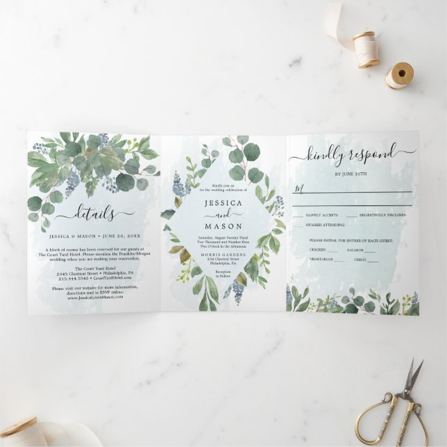 Invitations de mariage tout-en-un Eucalyptus (Intérieur)