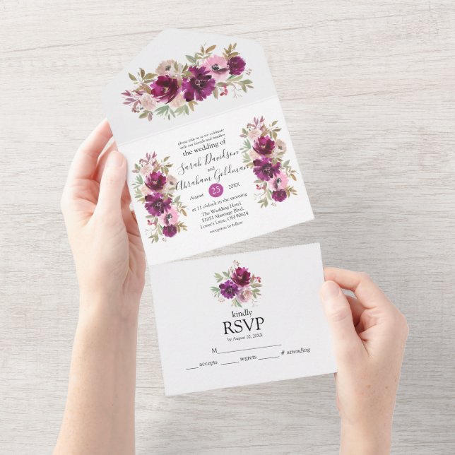 Invitations De Mariage Tout En Un Violet Blanc Flo (Déchirure)