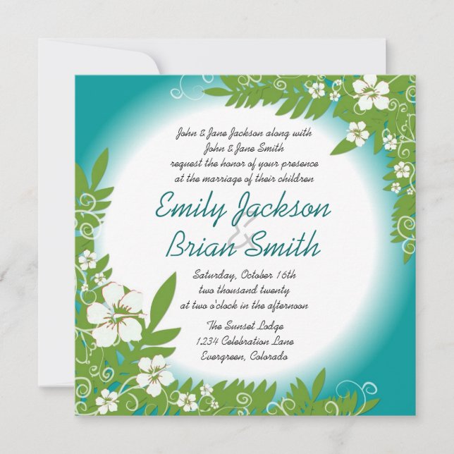 Invitations de mariage turquoise blanc hibiscus (Devant)