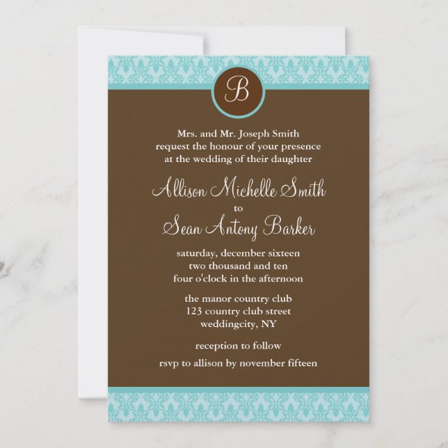 Invitations de mariage Turquoise et Brown pour les (Devant)