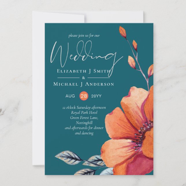 Invitations de mariage Turquoise et orange brulé (Devant)